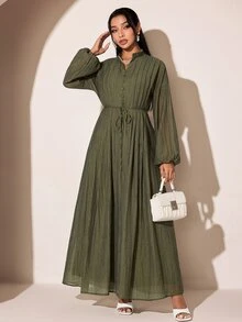 Solavon 女款休閒端莊優雅純色長袖洋裝，秋季度假橄欖綠 - 綠色 - 查看 7