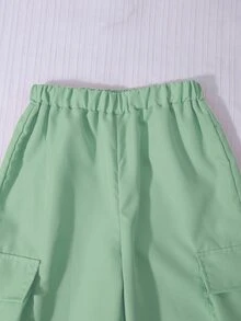 SHEIN 少女花卉印花短袖T恤與長褲休閒日常套裝 - 綠色 - 查看 4