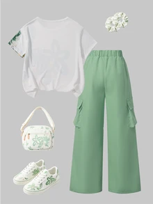 SHEIN 少女花卉印花短袖T恤與長褲休閒日常套裝 - 綠色 - 查看 2
