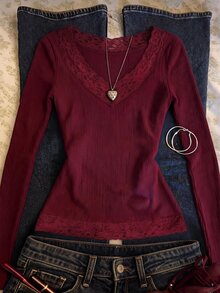 IslaSuriya Women's Lace Patchwork Slim Fit Versatile Long Sleeve Top For Daily Wear - Burgundy - View 1