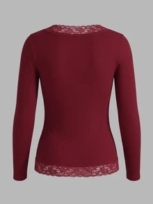 IslaSuriya Women's Lace Patchwork Slim Fit Versatile Long Sleeve Top For Daily Wear - Burgundy - View 2