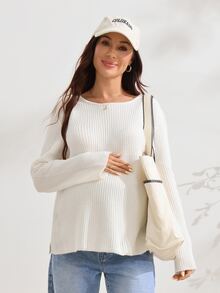 SHEIN كنزة شتوية بيضاء أنيقة للحوامل، متعددة الاستخدامات، بأكمام طويلة وأزرار وفتحة جانبية، مناسبة لجلسات التصوير الفوتوغرافي - لون مشمشي - مشاهدة 4