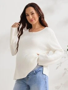 SHEIN كنزة شتوية بيضاء أنيقة للحوامل، متعددة الاستخدامات، بأكمام طويلة وأزرار وفتحة جانبية، مناسبة لجلسات التصوير الفوتوغرافي - لون مشمشي - مشاهدة 5