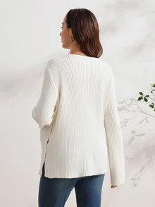 SHEIN كنزة شتوية بيضاء أنيقة للحوامل، متعددة الاستخدامات، بأكمام طويلة وأزرار وفتحة جانبية، مناسبة لجلسات التصوير الفوتوغرافي - لون مشمشي - مشاهدة 2