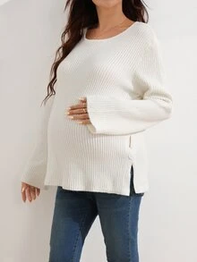 SHEIN كنزة شتوية بيضاء أنيقة للحوامل، متعددة الاستخدامات، بأكمام طويلة وأزرار وفتحة جانبية، مناسبة لجلسات التصوير الفوتوغرافي - لون مشمشي - مشاهدة 3