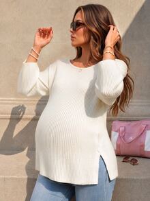 SHEIN كنزة شتوية بيضاء أنيقة للحوامل، متعددة الاستخدامات، بأكمام طويلة وأزرار وفتحة جانبية، مناسبة لجلسات التصوير الفوتوغرافي - لون مشمشي - مشاهدة 1