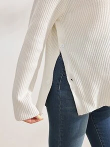 SHEIN كنزة شتوية بيضاء أنيقة للحوامل، متعددة الاستخدامات، بأكمام طويلة وأزرار وفتحة جانبية، مناسبة لجلسات التصوير الفوتوغرافي - لون مشمشي - مشاهدة 6
