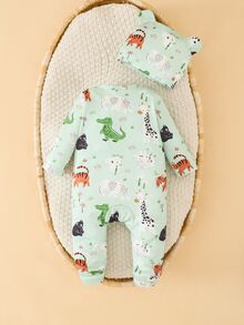 SHEIN 2件組新生兒嬰兒連身衣帽子套裝，可愛淺薄荷色動物虎熊印花，按扣開襟長袖圓領，休閒款，適合生日派對、秋季假期 - 綠色 - 查看 3