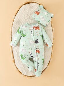 SHEIN 2件組新生兒嬰兒連身衣帽子套裝，可愛淺薄荷色動物虎熊印花，按扣開襟長袖圓領，休閒款，適合生日派對、秋季假期 - 綠色 - 查看 2