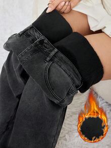 SHEIN Tall CURVE 大尺碼女款休閒日常旅行牛仔褲，附口袋與鈕扣，秋季衣物，冬季正式商務時尚基本哥德風萬聖節高挑CURVE - 黑色 - 查看 6