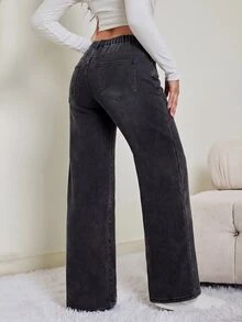 SHEIN Tall CURVE 大尺碼女款休閒日常旅行牛仔褲，附口袋與鈕扣，秋季衣物，冬季正式商務時尚基本哥德風萬聖節高挑CURVE - 黑色 - 查看 2