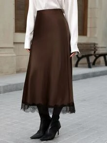 Brillora 女款時尚優雅法式蕾絲通勤休閒浪漫拼接緞面魚尾中長裙 棕色 秋冬 早午餐約會夜穿 - 棕色 - 查看 3