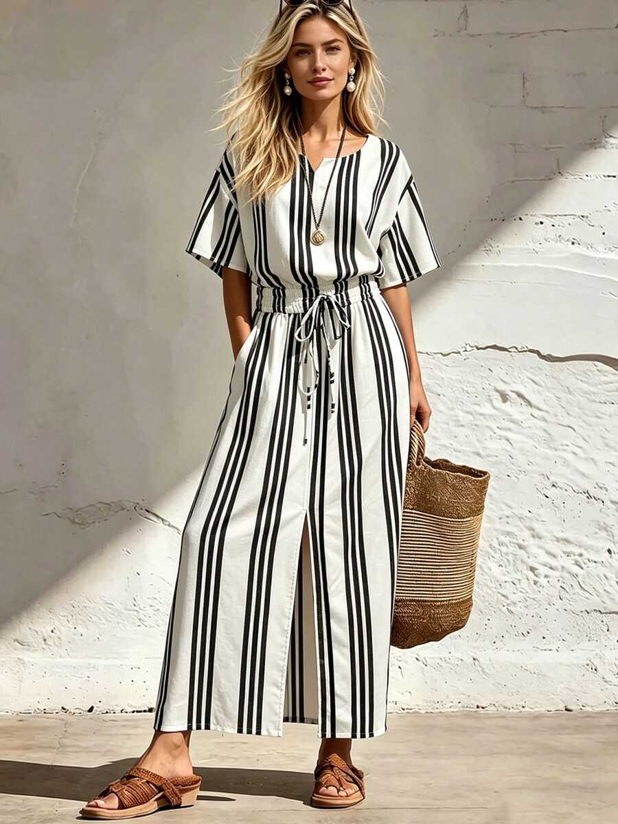 SHEIN Women's Striped Print V Neck Drawstring Split Dress, Loose Casual Coastal Dress For Spring Summer Beach Vacation Off-White - Apricot - View 1