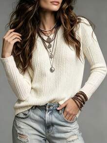 SHEIN Women's Elegant Casual Round Neck Drop Shoulder Long Sleeve Textured Cable Knit Apricot T-Shirt - Apricot - View 7
