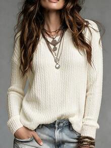 SHEIN Women's Elegant Casual Round Neck Drop Shoulder Long Sleeve Textured Cable Knit Apricot T-Shirt - Apricot - View 5