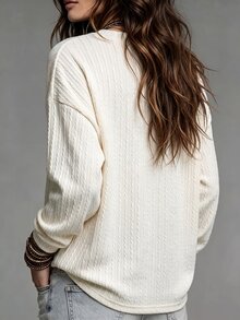 SHEIN Women's Elegant Casual Round Neck Drop Shoulder Long Sleeve Textured Cable Knit Apricot T-Shirt - Apricot - View 3