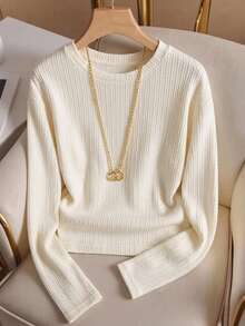 SHEIN Women's Elegant Casual Round Neck Drop Shoulder Long Sleeve Textured Cable Knit Apricot T-Shirt - Apricot - View 4