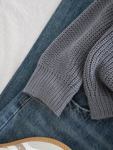 SHEIN Boys Grey Cloud Patchwork Chunky Knit Sweater, Loose Drop Shoulder Round Neck Knit Top, Thick Versatile Pullover For Kids Autumn/Winter - Grey - View 6