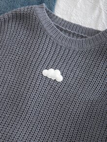 SHEIN Boys Grey Cloud Patchwork Chunky Knit Sweater, Loose Drop Shoulder Round Neck Knit Top, Thick Versatile Pullover For Kids Autumn/Winter - Grey - View 5