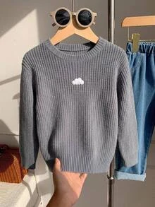 SHEIN Boys Grey Cloud Patchwork Chunky Knit Sweater, Loose Drop Shoulder Round Neck Knit Top, Thick Versatile Pullover For Kids Autumn/Winter - Grey - View 8