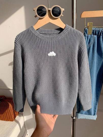 SHEIN Boys Grey Cloud Patchwork Chunky Knit Sweater, Loose Drop Shoulder Round Neck Knit Top, Thick Versatile Pullover For Kids Autumn/Winter