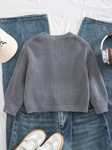 SHEIN Boys Grey Cloud Patchwork Chunky Knit Sweater, Loose Drop Shoulder Round Neck Knit Top, Thick Versatile Pullover For Kids Autumn/Winter - Grey - View 2
