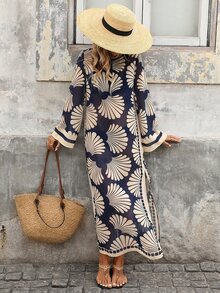 Brillora 女款夏季度假休閒全身印花長袖罩衫 - 藏蓝色 - 查看 5