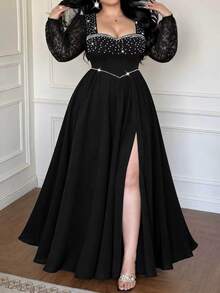 Vibekara Light Luxury Pearl Trim Cinched Waist Black Long Sleeve Lace Sheer High Slit Dress For Evening Party Fall - Black - View 1