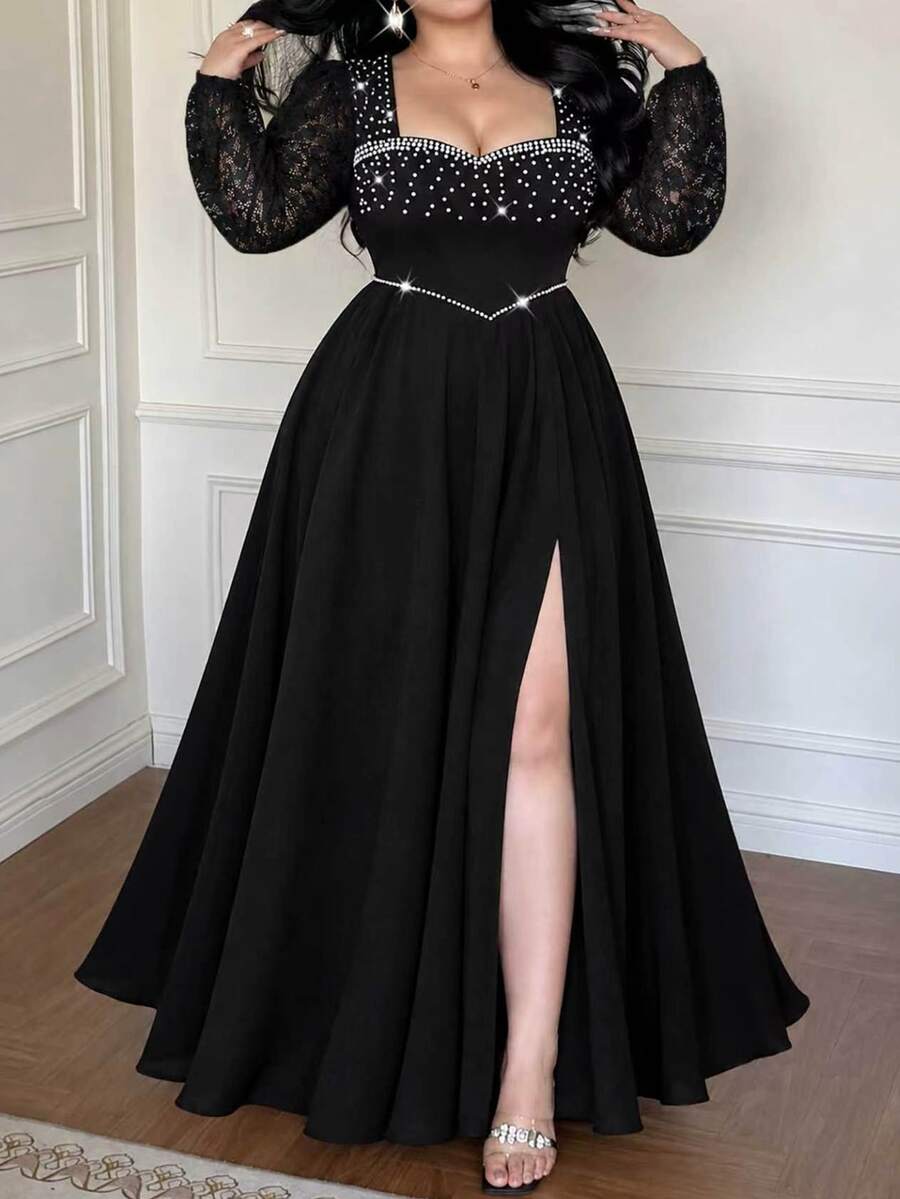 Vibekara Light Luxury Pearl Trim Cinched Waist Black Long Sleeve Lace Sheer High Slit Dress For Evening Party Fall - Black - View 1