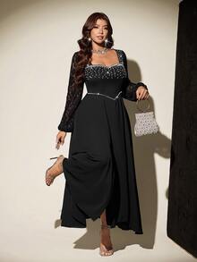 Vibekara Light Luxury Pearl Trim Cinched Waist Black Long Sleeve Lace Sheer High Slit Dress For Evening Party Fall - Black - View 3