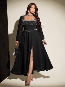 Vibekara Light Luxury Pearl Trim Cinched Waist Black Long Sleeve Lace Sheer High Slit Dress For Evening Party Fall - Black - View 4