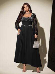 Vibekara Light Luxury Pearl Trim Cinched Waist Black Long Sleeve Lace Sheer High Slit Dress For Evening Party Fall - Black - View 5