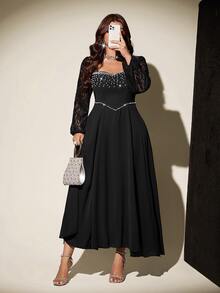 Vibekara Light Luxury Pearl Trim Cinched Waist Black Long Sleeve Lace Sheer High Slit Dress For Evening Party Fall - Black - View 6