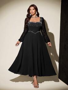 Vibekara Light Luxury Pearl Trim Cinched Waist Black Long Sleeve Lace Sheer High Slit Dress For Evening Party Fall - Black - View 8