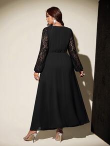 Vibekara Light Luxury Pearl Trim Cinched Waist Black Long Sleeve Lace Sheer High Slit Dress For Evening Party Fall - Black - View 2