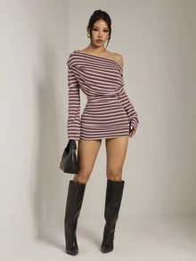 SHEIN PETITE 女款新款棕色與粉色針織條紋不對稱領長袖緊身洋裝 - 彩色 - 查看 6