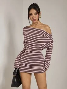 SHEIN PETITE 女款新款棕色與粉色針織條紋不對稱領長袖緊身洋裝 - 彩色 - 查看 7