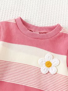 SHEIN 女嬰 3 件組拉鍊保暖背心冬季外套、對比條紋套頭運動衫與長褲套裝 - 粉色 - 查看 7
