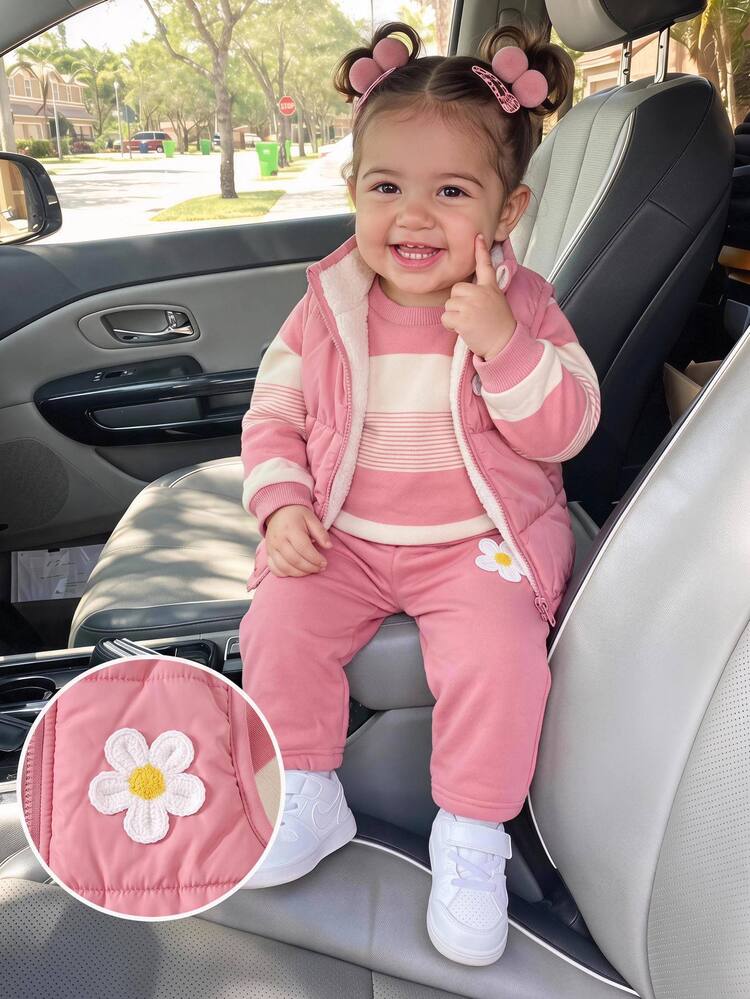 SHEIN Baby Girl 3pcs Zip Up Thermal Vest Winter Jacket & Contrast Striped Pullover Sweatshirt & Pants Set - Pink - View 1
