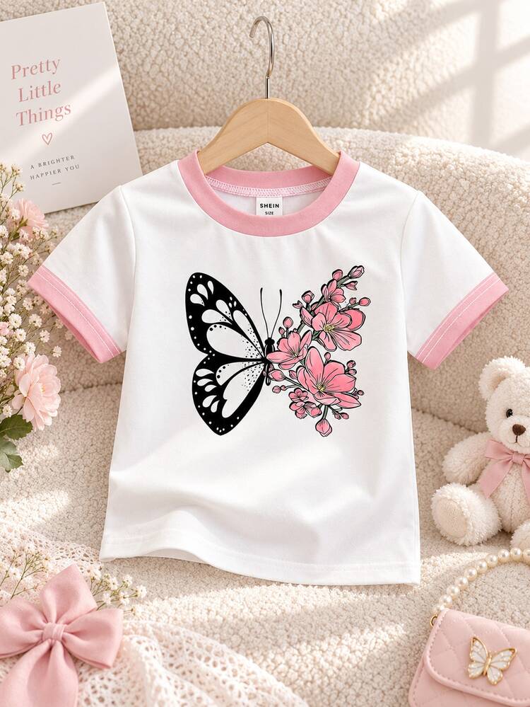 SHEIN Playful Pals Baby Girls' Butterfly & Floral Print Round Neck White Short Sleeve T-Shirt Cute Casual Summer Graduation Pullover Infant & Toddler Tops Fits 6M-3T - Multicolor - View 6