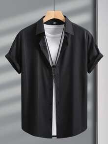 Calvornis Men's Plus Size Solid Color Single-Breasted Casual Short Sleeve Shirt, Formal - Black - View 3