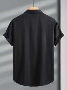 Calvornis Men's Plus Size Solid Color Single-Breasted Casual Short Sleeve Shirt, Formal - Black - View 2