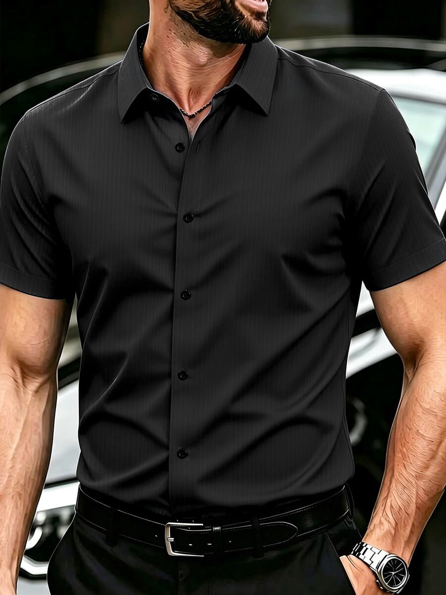 Calvornis Men's Plus Size Solid Color Single-Breasted Casual Short Sleeve Shirt, Formal - Black - View 1
