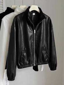 SHEIN 青少年女孩 PU 金屬色拉鍊外套 秋冬時尚 - 黑色 - 查看 2