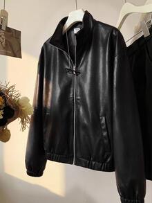 SHEIN 青少年女孩 PU 金屬色拉鍊外套 秋冬時尚 - 黑色 - 查看 7