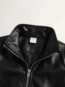 SHEIN 青少年女孩 PU 金屬色拉鍊外套 秋冬時尚 - 黑色 - 查看 6