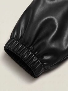 SHEIN 青少年女孩 PU 金屬色拉鍊外套 秋冬時尚 - 黑色 - 查看 4