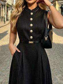 SHEIN Franclia 女款法式優雅編織無袖洋裝，小立領配鈕扣裝飾，無腰帶，大裙擺，黑白條紋，教師節適用 - 黑色 - 查看 9