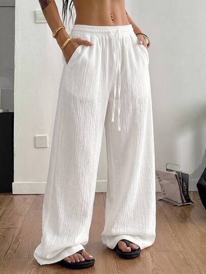 Coolane Women's Fall Warm Basic Minimalist Vacation Casual Beach White Textured Drawstring Waist Loose Flowy Wide Leg Baggy Harem Style Pants