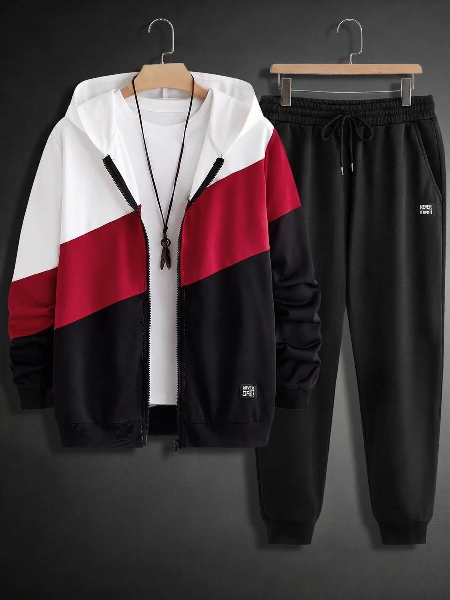 GETOML Men's 2 Pieces Knitted Fitted Colorblock Patchwork Long Sleeve Hooded Open Front Sweatshirt & Pants Set Gym Black Autumn Casual Baggy, Holiday, Streetwear, Vintage, Y2K - Multicolor - View 1
